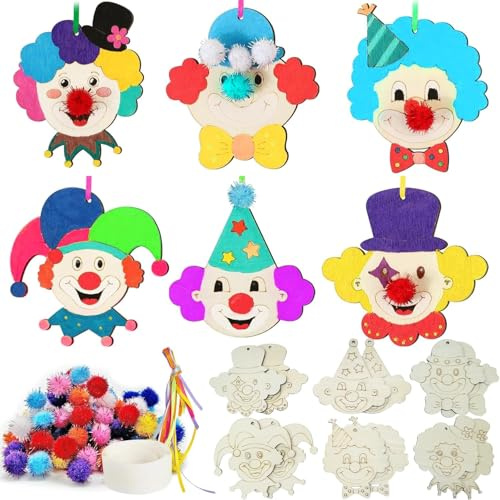 Shengruili Clown Holz Bastelset für Kinder,Bastelsets für Kinder,Clown Basteln Kinder,Holz Bastelset,Karneval Bastelset Holz zum Bemalen mit Bommeln,Clown Holz Anhänger DIY Set mit Pompons