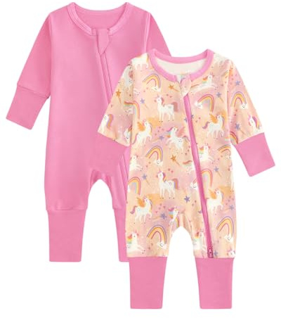 JiAmy 2 Pack Baby Sleepsuits Baby Grows Cotton Two-Way Zip Long Sleeve Footed Pajamas with Mitten Cuffs Newborn Clothes for Boys Girls 18-24 Months Pink