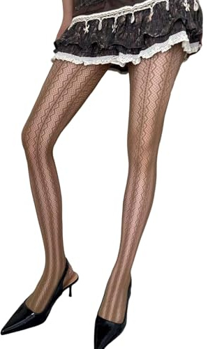 Greabuy Andningsbara nätstrumpbyxor med spets vågade ränder mönster eleganta nylontights för kvinnor spets strumpbyxor, Kaffe, one size