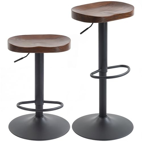 HOMCOM Barhocker 2er Set Höhenverstellbar Drehbar Fußstütze Dunkelbraun | Barstuhl, Sattelsitz aus Ulmenholz, Tresenhocker, Metallsockel Küchenstühle, für Küche Wohnzimmer