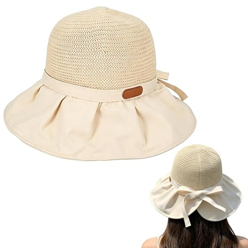 AMOturuxient Sun Hats for Women UK, Wide Brim Bucket Straw Hat Women Foldable Packable, Summer Beach Hat UV Protection Ladies Outdoor Travel Camping Sunhats with Bowknot