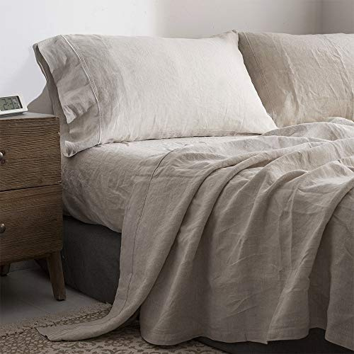 Simple&Opulence 100% Pure Linen Sheet Set Twin Size, Natural French Flax Solid Color 3 Pcs Washed Breathable, Farmhouse Bedding (1 Flat Sheet,1 Fitted Sheet,1 Pillowcase)-Embroidery Linen