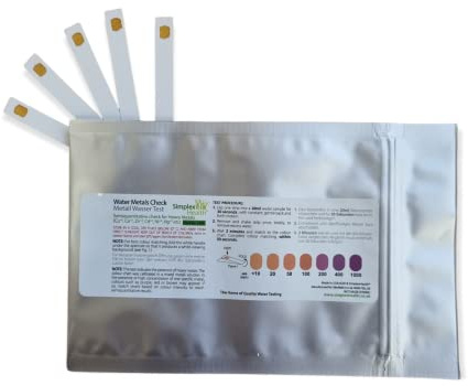 SimplexHealth tunga metaller vattentest-ränder. Ett kombinerat test för järn, koppar, kobolt, zink, kadmium, nickel, bly, kvicksilver (5 testremsor)
