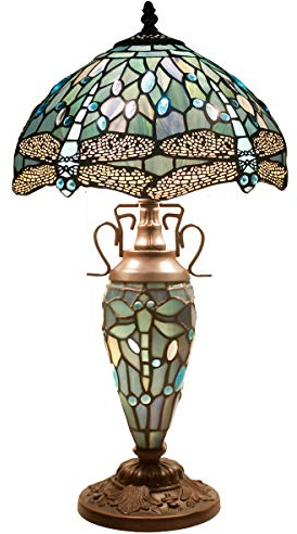 WERFACTORY Tiffany Table Lamp Sea Blue Stained Glass Dragonfly Style 12X12X22 Inches Mother-Daughter Vase Desk Reading Light Decor Bedroom Living Room Home Office S147 Series…