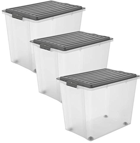 Rotho Compact 3er-Set Aufbewahrungsbox 70l mit Deckel und Rollen, Kunststoff (PP) BPA-frei, anthrazit/transparent, 3 x 70l (57.0 x 39.5 x 43.5 cm) | Aufbewahrungsboxen, 3 x 70 L, Rollen, transparentes Unterteil, Kunststoff PP, anthrazitfarbener Deckel, große Ausführung