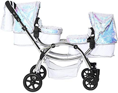 Roma Polly Dolls Pram 2-in-1 Dolls Pushchair, Double Buggy with Convertible Seat, Adjustable Handle, Foldable Canopy, Mermaid Print, Suitable for Ages 3-16, Perfect or Christmas