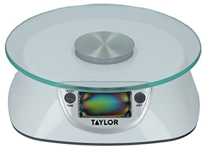 Taylor, Digitale Küchenwaagen für Lebensmittel mit Glasplattform, Hochgenau, mit Präziser Tara-Funktion, Silber, Wiegekapazität 5 kg bzw. 5.000 ml