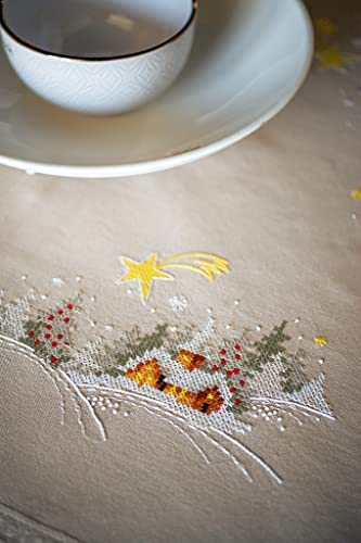 Vervaco Kreuzstich Stickpackungen Tischdecke Winterlandschaft mit Stern Stickdecken Vorgezeichnet Basteln Erwachsene Kreativ Set Vorgedruckte Decke Sticken 80 x 80 cm Stickset