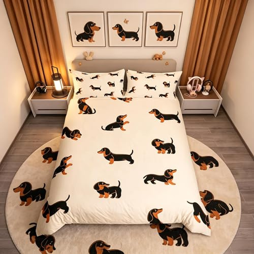 Juego de ropa de cama para niños, perros, salchichas, juego de funda de edredón para niños, niñas y adolescentes, lindo y divertido juego de ropa de cama y lino para cachorros Kawaii, 3 piezas, tamañ
