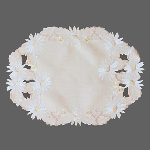 Tischdecke Tischläufer Mitteldecke Deckchen Frühling Bestickt mit weißen Gerbera auf leicht beigem Untergrund (35 x 50 cm)