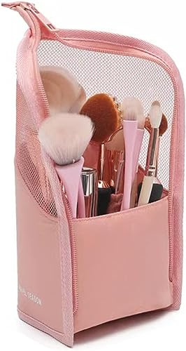 1 Piece Makeup Brush Organiser Bag PVC Clear Brush Pouch Used for Women Girls Portable Travel Makeup Brush Organiser Case (Pink)