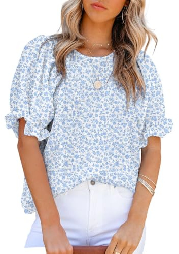 Dokotoo Summer Blouses for Women Cute Crew Neck Loose Casual Shirts Blue L