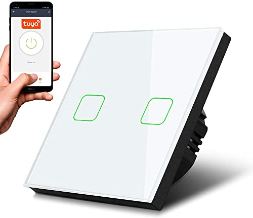 Maclean MCE717W Smart WiFi 2-Fach Touch Lichtschalter Kompatibel mit Tuya APP Wandschalter Glas Schalter mit Farbwechsel LED Hintergrundbeleuchtung Einbauschalter 85x85mm (2-Fach Eckig, Weiß)