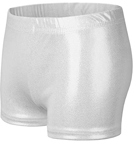 NewL Bambini Ragazza Elastico in Vita Lucido Metallico Balletto Danza Shorts Bottoms per Sport Yoga Ginnastica Allenamento (Bianco, 9-10 Years)