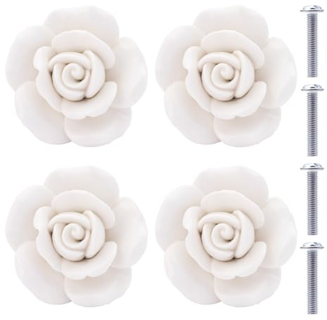 NAKUPENDA Keramikknäufe 4 Stück Keramik Rosen Blumen Knopf Schubladenknöpfe Porzellan Rose Möbelknöpfe für Schubladen Schränke Schranktüren (Weiß)