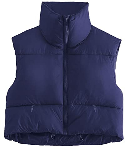 Kissonic Vadderad dunväst för kvinnor, puffer, ståkrage, dragkedja, beskuren ärmlös jacka, marinblå, L