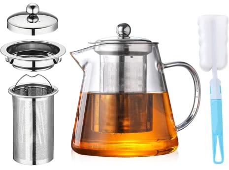 Teiera in vetro trasparente,Stile di aggiornamento teiera in vetro con filtro in acciaio inox, con Filtro Asportabile e Lavabile per tè Profumati Teiera Vetro con infusore,Teiera per Tisane 750ML
