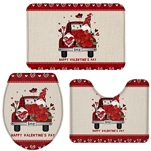 Set 3 Teilig Badvorleger EIN Roter Lastwagen Mit Niedlichen Gnomen Und Rosen Anti-Rutsch Bade-Matte+Kontur+Wc-Deckelabdeckung Weiche Badgarnitur Badematten Für Wc-Sitz Bezug Badezimmer