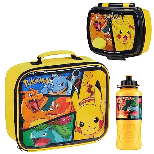 Pokémon Porta Pranzo Termico, Lunch Box e Borraccia, Set 3 Pezzi - Regalo Bambini(Giallo)