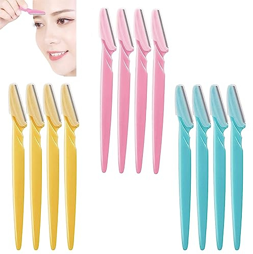 12 Packungen Augenbrauen-Rasierer, tragbarer Rasierer, Trimmer, Gesichtshaarmesser, Entferner, Shaper Rasierer Trimmer für Frauen und Männer, Gesichtshaarentferner (gelb, rosa, blau)