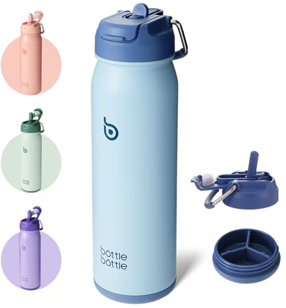 BOTTLE BOTTLE Edelstahl Trinkflasche 24oz(709ml) mit Strohhalm Griff und Pillenfach für Outdoor Schule, isolierte sportflasche (Blau)