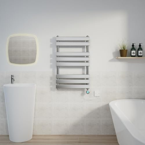 Warmehaus 800x500mm Chrome Designer Flat Panel Electric Heated Towel Rail Thermostatic Timer Bathroom Towel Radiator 400W