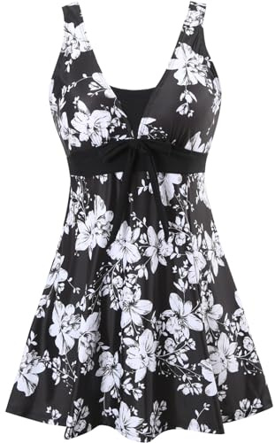 Sixyotie Badeanzug Damen Elegant Einteiliger Schwimmanzug Retro Strandmode Bademode Badeanzugkleid Baderock (Whiteflower,L)