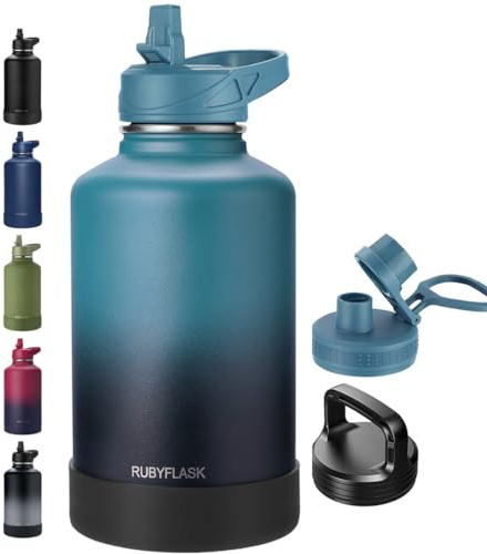 RUBYFLASK 64oz Insulated Water Bottle with Straw, Half Gallon Stainless Steel Vacuum Water Jug, Large Thermal Water Bottle Flask with Leakproof 3 Lids for Travel, Camping, Gym Sports Indigo Black