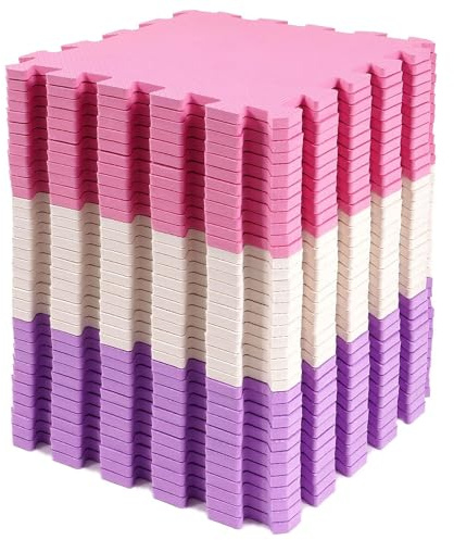 BalanceFrom 16-Pack 12x12 Inches EVA Interlocking Foam Play Tile Mat, Pink/Purple/Beige – 0.4-Inch Thick Non-Slip Puzzle Flooring for 16 Square Feet in Playroom, Nursery, or Playpen at Home