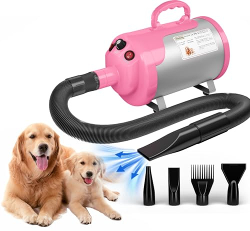 Blanlody Hundefön Blower Sehr Leise 5.2 Ps / 3800W | Motor Einstellbare Geschwindigkeit, Hundepflege-Trockner-Gebläse mit 4 verschiedenen Düsen elastischem Schlauch
