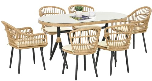 Outsunny Salon de Jardin Extérieur en Résine Tressée 6 Places Bois Naturel | Ensemble de Salle à Manger, 1 Table Rectangulaire, 6 Chaises avec Coussins, Plateau en Verre Trempé, Cadre en Acier