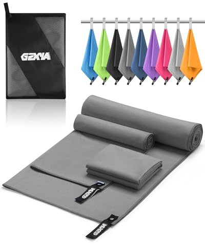 GZXYA Mikrofaser Handtuch 3er-Set (180 x 60 cm großes Badetuch + 2 Stück 80x40 cm kleines Towels), Schnelltrocknendes Microfaser Handtücher für Fitness Handtuch Sport (Dark Grey 180 * 60+80 * 40 * 2)