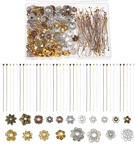SUPERFINDINGS 400Pcs 5Couleurs Bouchons de Perles à fleurs Dorées Perles d'espacement de bijoux Épingles à tête sphérique 20Styles d'épingles à tête, adaptées aux fournitures pour bracelets pendentifs
