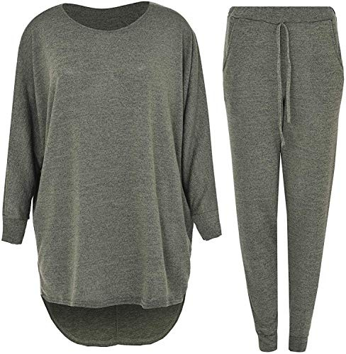 ZEE FASHION 2 Piece Track Suit Set High Low Top and Bottoms Casual Loungewear Sweatshirt Jog (Khaki High Low Top Bottom, XXL (UK-Size 28-30))