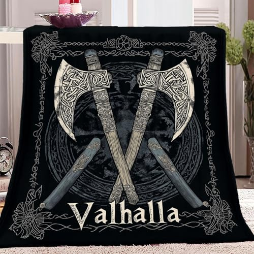 Kuscheldecke 180 x 200 cm Flauschige Decke Geschenke für Jungs Wikinger Linienaxt Decke Wool Wohndecke Schwarz Sofadecke Couchdecke Sofaüberwurf Tagesdecke für Bett Sofa