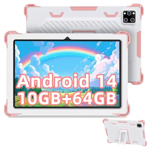 2024 Kinder Tablet 10 Zoll, Kids Tablet Android 14 Octa-Core ,10GB RAM + 64GB ROM(TF 1TB), Elterliche Kontrolle, Kinder Bildungs IWawa APP, mit Anti-Fall Schutzhülle, Geschenk für Kinder,Rosa
