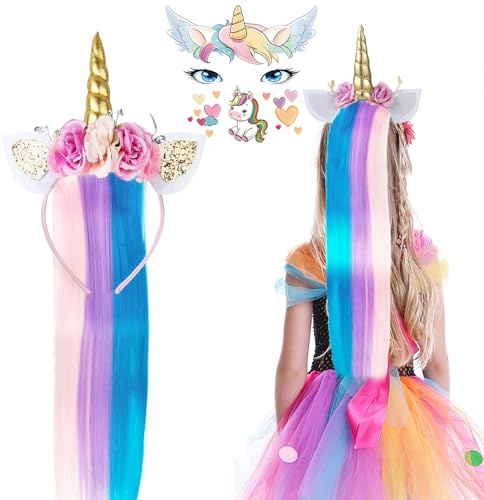 Hifot Einhorn Haarreif kinder Einhorn Stirnband Perücke Bunt Einhornkostüm für Kinder Cosplay Einhorn Tattoos Mädchen Haarschmuck für Ostern Geburtstag Karneval Einhorn Horn Haarreif Haarband