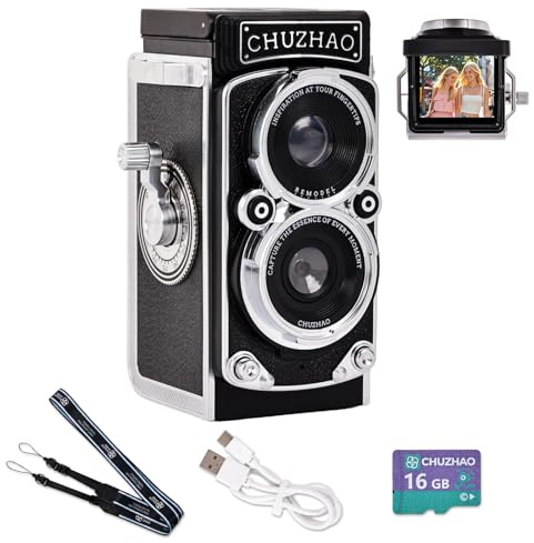 Vintage Mini Digital Camera, Portable TLR Style Retro Point and Shoot Compact Small Pocket 1080P FHD Video 12MP Autofocus Vlogging Camera with 16 GB Card for Beginners Teens Adults Kids Black