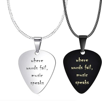 aplusashop Anhänger Plektrum mit Kette mit Gravur When words fail, music speaks Edelstahl Schwarz oder Silber, NEU (Schwarz)