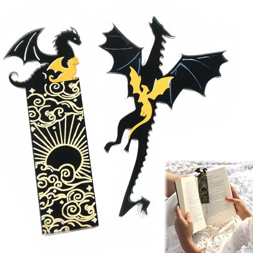 2 PCS Drachenförmiges Fourth Wing Lesezeichen, Doppelseitig Fantasy Metall Bookmark für Buchliebhaber, Freunde, Familie, Lesebegeisterte - Geschenk in Schwarz