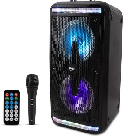 Pyle Bluetooth Speaker and PA System - Portable Stereo Karaoke System with Wired Mic, Built-in LED Party Lights, MP3/USB/Micro SD Readers, FM Radio, 8 Subwoofers, 600W MAX, 11.4 x 10.4 x 23.2