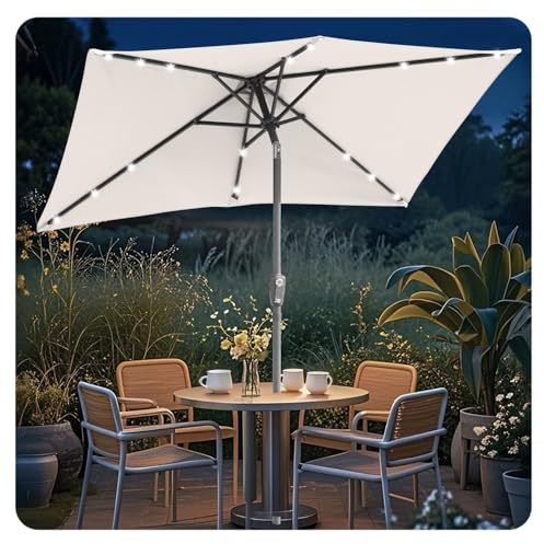 ISOISL Sonnenschirm LED Solar 140x210CM Kurbel-Schirm Rechteckig Gartenschirm Terrassenschirm knickbar Sonnenschirme ohne Ständer Kippbar Großschirm für Balkon,Terrasse,Garten,Beige