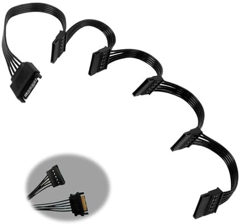 Cavo SATA di Alimentazione 15 pin, 1 Maschio verso 5 Femmine, Prolunga SAT A per SSD, HDD, Unità ottiche, Sdattatore SATA 15 Pin Per PC, Lunghezza 20+15+15+15+15+15 cm, Sata Cable Nero
