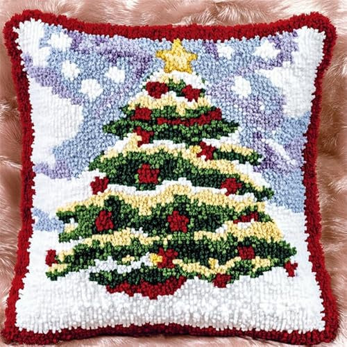 AxiangziK Weihnachten Knüpfkissen Zum Selber Knüpfen,Weihnachtsbaum,DIY Kissen Kissenbezug Kreuzstich Latch Hook Kit Handwerk Handarbeiten Erwachsene Kinder Kunsthandwerk,17x17in