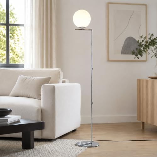 Alpinaluz Lámpara de Pie con Bola de Cristal Soplado Ø22 cm y Estructura Delgada en Acero Cromado Brillante, Casquillo E27, Altura 158 cm, Estilo Italiano Moderno para Salón o Dormitorio