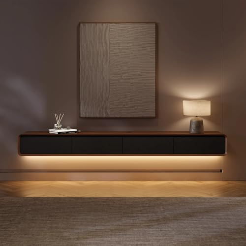 POVISON TV Schrank Schwebend 240cm mit LED Modern Schwarz & Walnussholz | Massivholz, 4 Schubladen, TV Lowboard Hängend, Kabelmanagement, Komplettmöbel mit Stauraum für Wohnzimmer