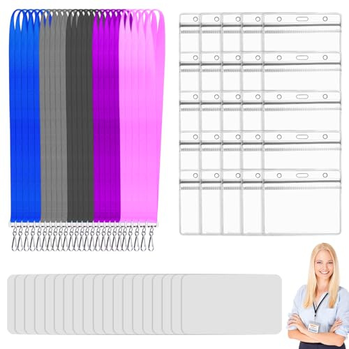 25 Pcs Lanyard with 25 Pcs Cards Holder and White Cards, 10 x 8.5cm Clear Waterproof ID Card Holders, Clear Plastic ID Card Holder Name Tag Badge Holders with 5 Colors Lanyard for Neck