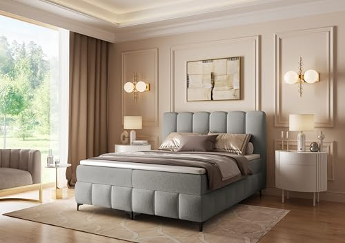 FURNISTAR Boxspringbett Tina 200x200 mit Matratze und Bettkasten - Doppelbett Familienbett mit Topper Stauraum Bubblebett Polsterbett Hotelbett - Grau