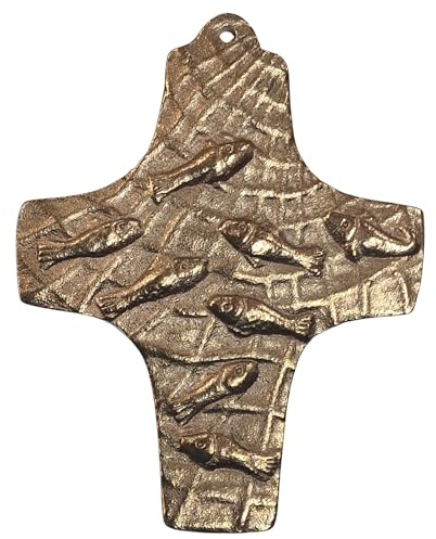 Herzmensch Kleines Fische Kreuz als Kommunionkreuz, Kinderkreuz, maritimes Wandkreuz aus Geschenk zur Taufe, Kommunion, Firmung oder Hochzeit aus massiver Bronze 7,5 x 9,5 cm