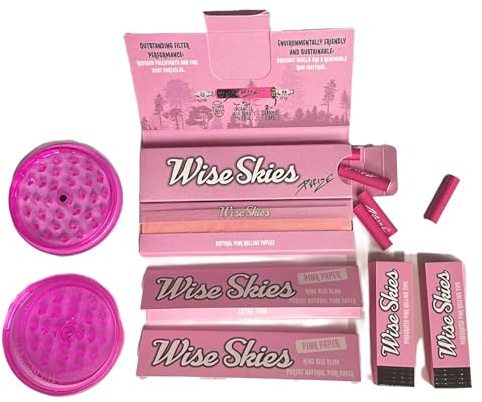 Wise Skies Pink Rolling Paper Bundle Starter Kit With Pink Purize Carbon Filter Tips For Cigarette Rolling Smoker Roller Accessories (6 Items)